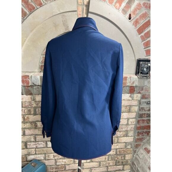 button up shirt dagger collar 6 zipper pockets 1970s navy blue red - Picture 10 of 11